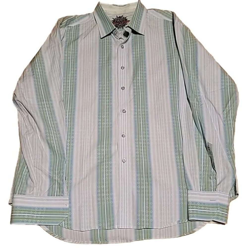 Robert Graham Men's XL Button Up Long Sleeve Shirt Stripe Green/Blue/White